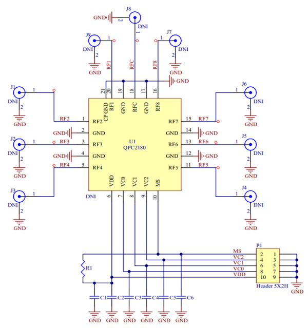 Applikations-Schaltungsdiagramm - Qorvo QPC2180 0,1 GHz zu 8.0 GHz SOI 0SP8T Schalter